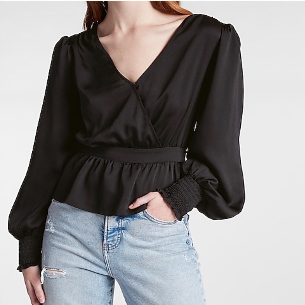 Express Black Faux Wrap Tie Back Peplum Top XS